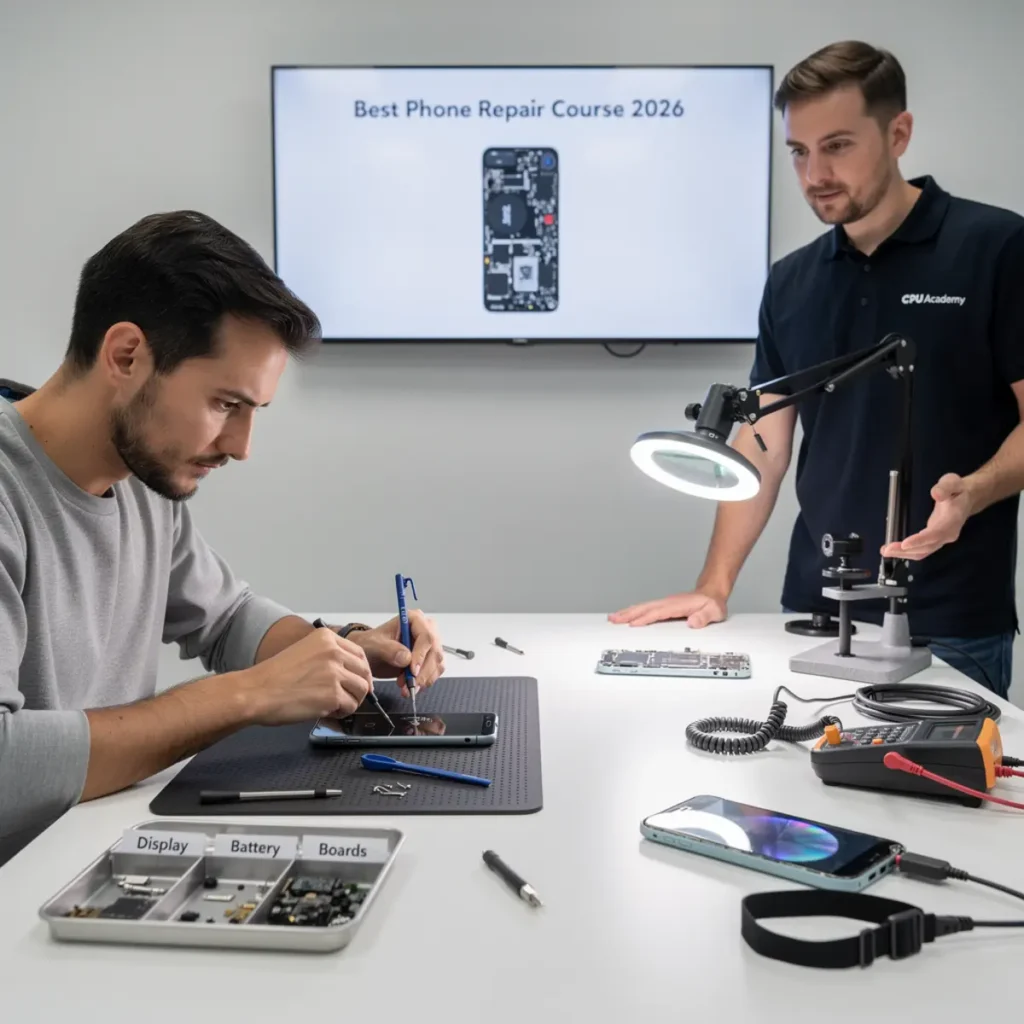 Phone repair training scene illustrating best phone repair courses in 2026 (expert-vetted) with real devices, tools, and hands-on learning context