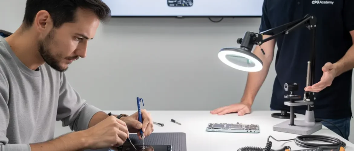 Phone repair training scene illustrating best phone repair courses in 2026 (expert-vetted) with real devices, tools, and hands-on learning context