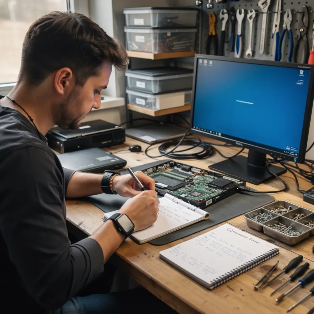 Software repair workstation showing android frp basics workflow with a connected smartphone and troubleshooting screen