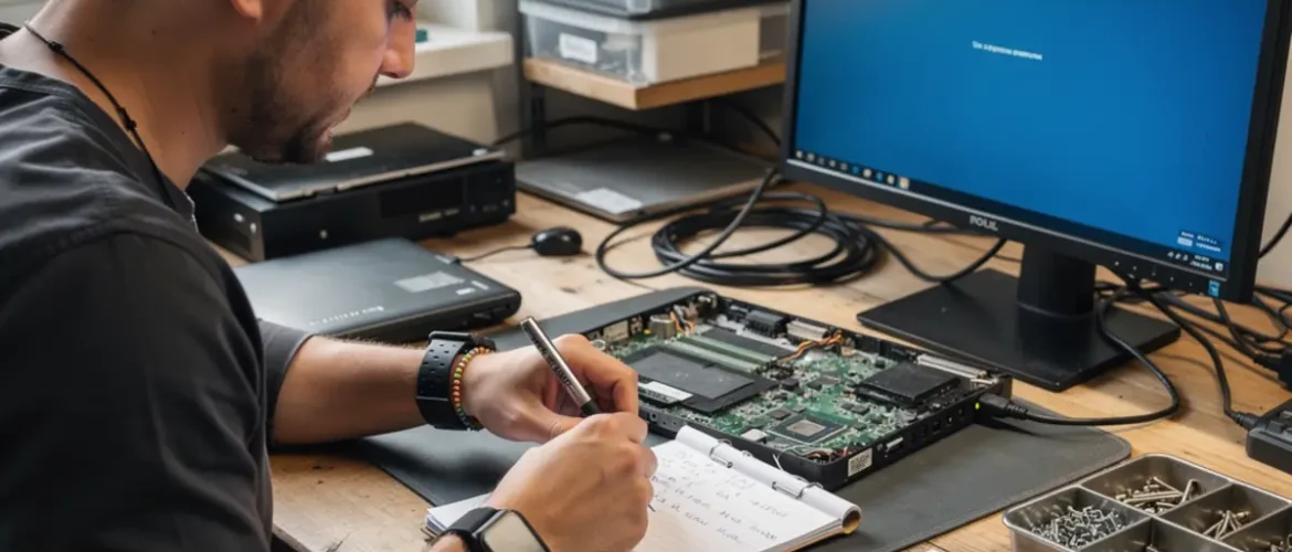 Software repair workstation showing android frp basics workflow with a connected smartphone and troubleshooting screen