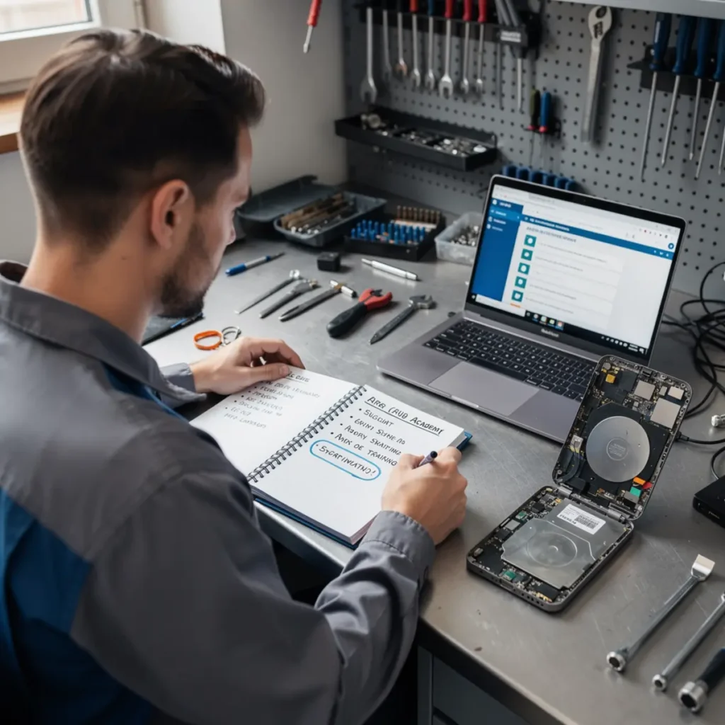 Laptop repair bench illustrating best laptop repair course: how to choose in 2026 with open device, tools, and realistic technician workflow
