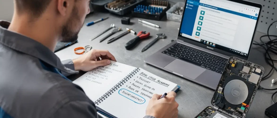 Laptop repair bench illustrating best laptop repair course: how to choose in 2026 with open device, tools, and realistic technician workflow