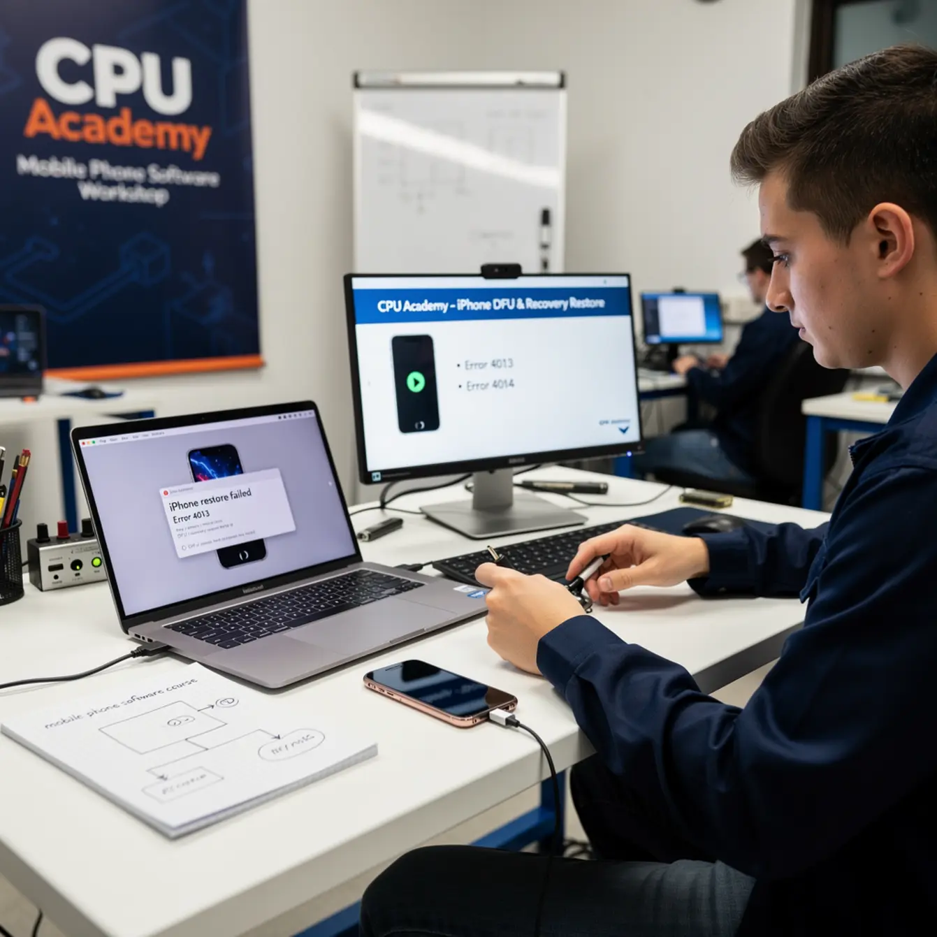 Mobile Phone Software Course - iPhone DFU and Recovery Restore: Fixing 4013 and 4014 Errors — body photo 1 showing Phone Restore Error Troubleshooting