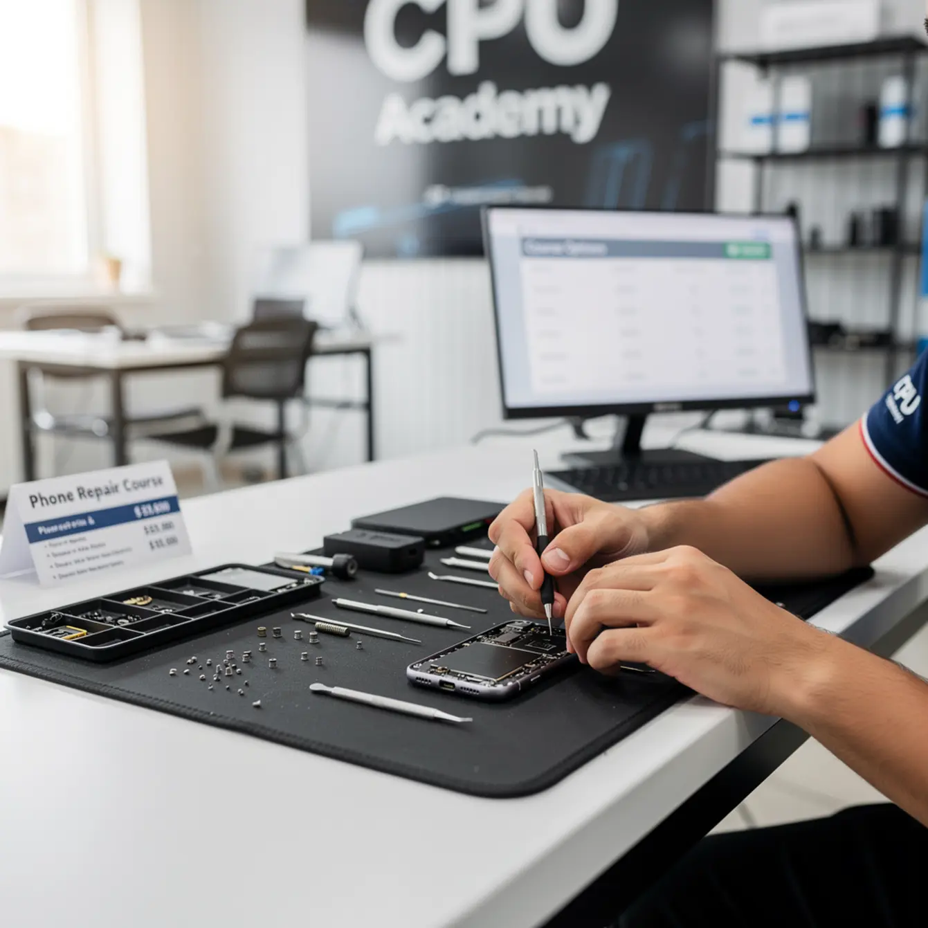 Phone Repair Course Price, Discounts & Financing (March 2026 Update) — body photo 1 showing Wide Repair Bench Hero