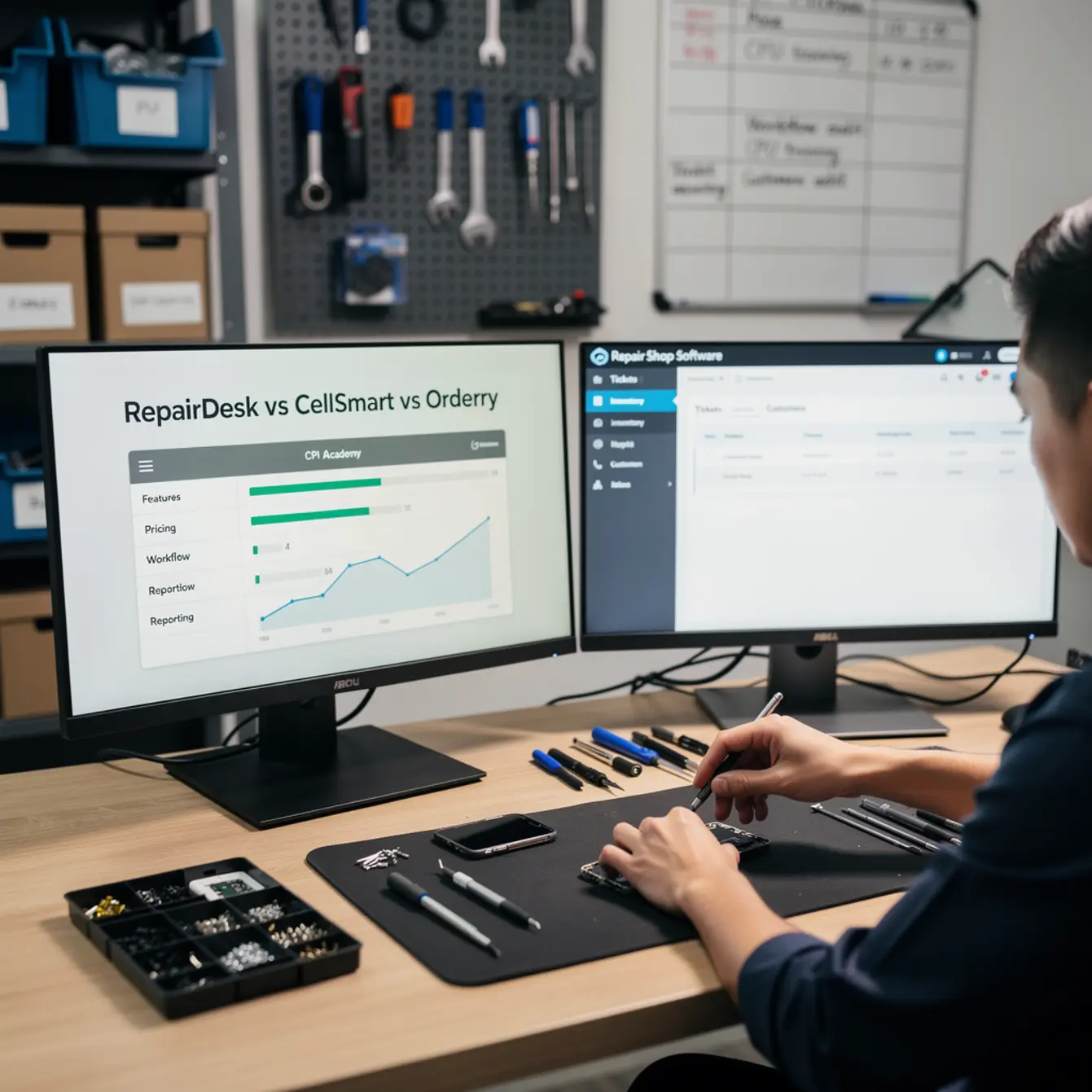 Repair Shop Software Comparison - RepairDesk vs CellSmart vs Orderry: Best POS for Repair Shops — body photo 1 showing Dual-Screen Diagnostic Setup