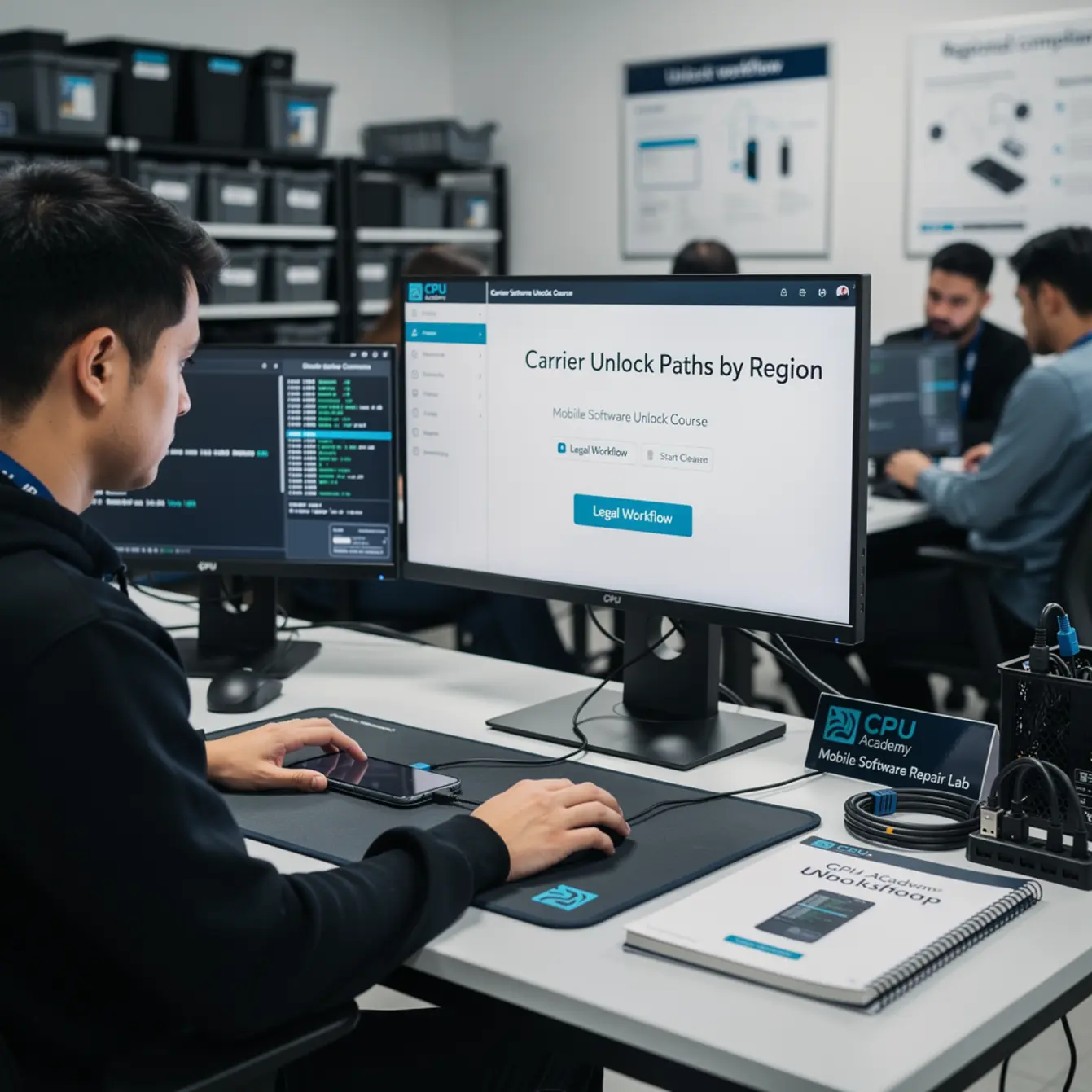 Mobile Software Unlock Course - Carrier Unlock Paths by Region: Legal, Clean Workflows Only — body photo 2 showing Firmware Flashing Workstation