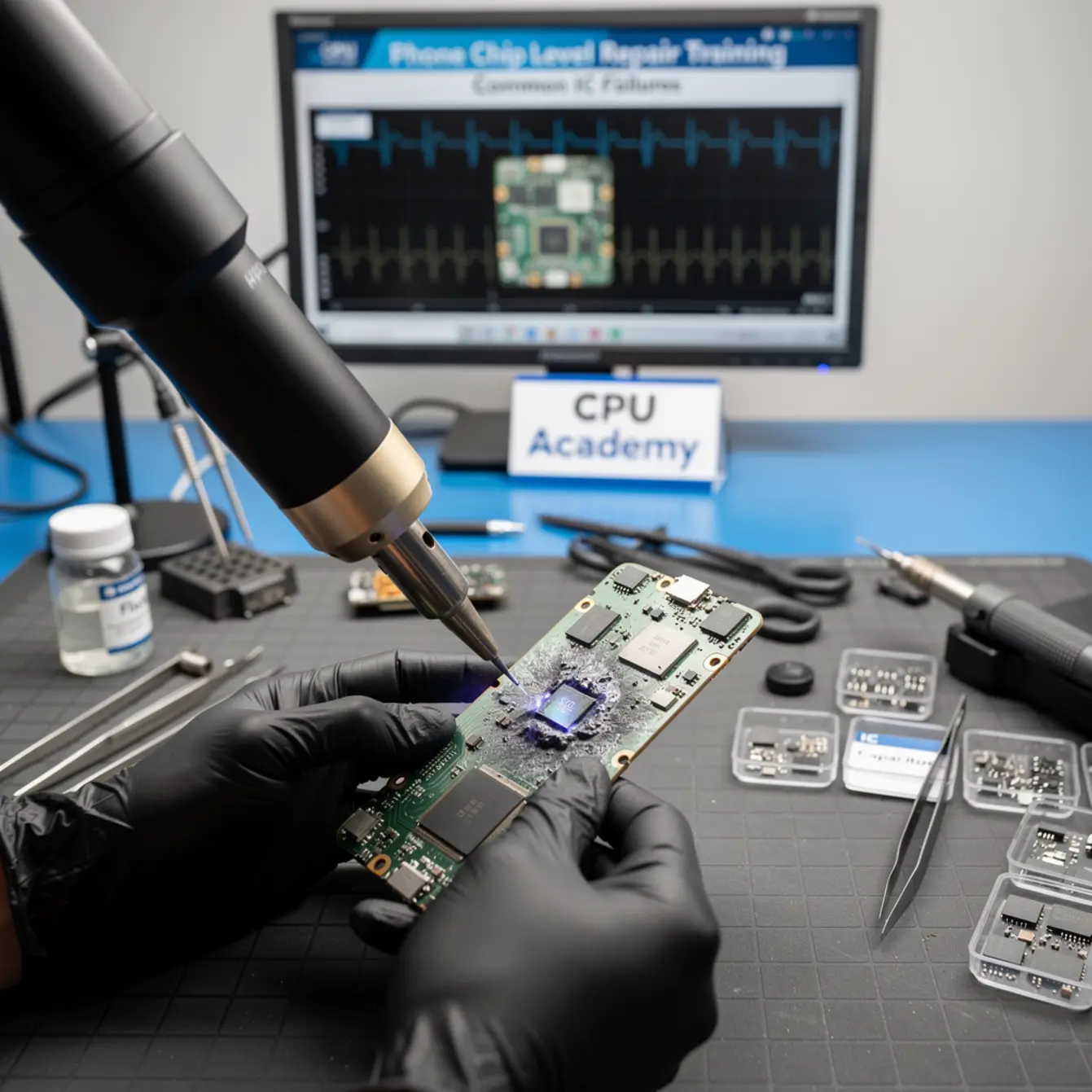 Phone Chip Level Repair Training - Chip-Level Phone Repair: Common IC Failures and How to Read Them — body photo 2 showing Hot-Air Rework Action Shot