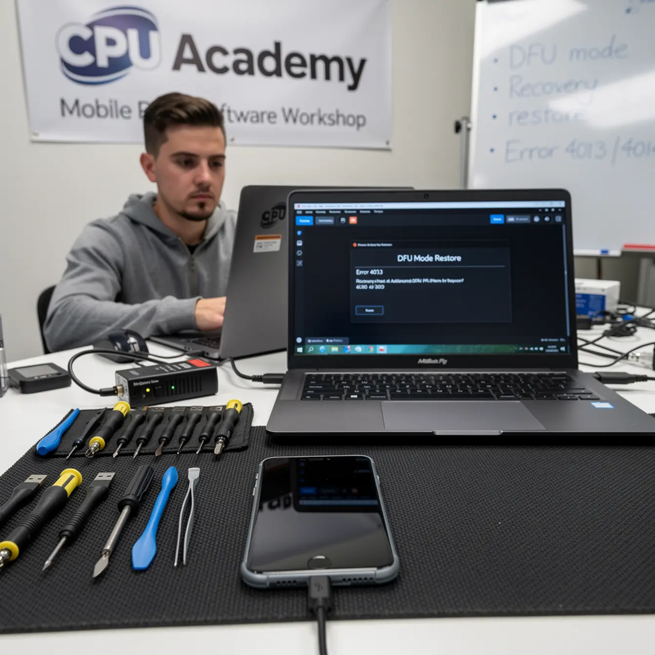 Mobile Phone Software Course - iPhone DFU and Recovery Restore: Fixing 4013 and 4014 Errors — body photo 2 showing Firmware Flashing Workstation