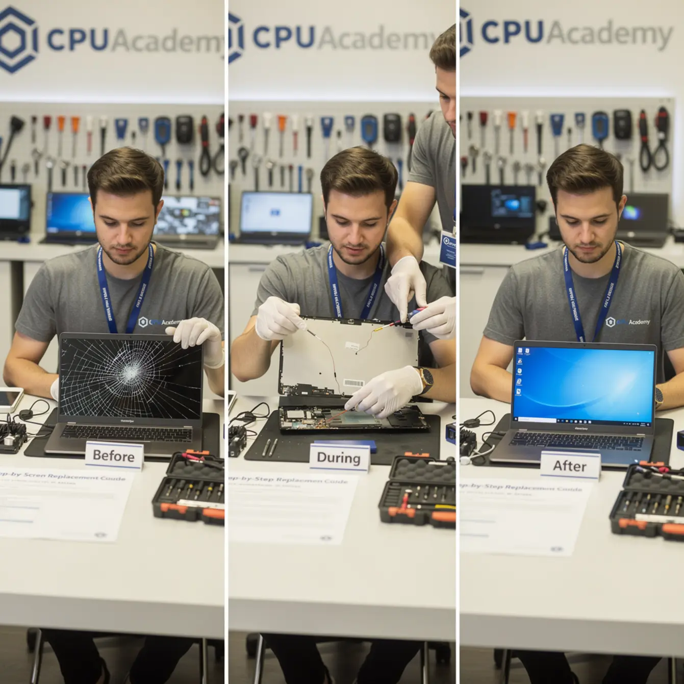 Laptop Screen Replacement Course: Step-by-Step Beginner Guide — body photo 2 showing Before / During / After 3-Frame Repair Set