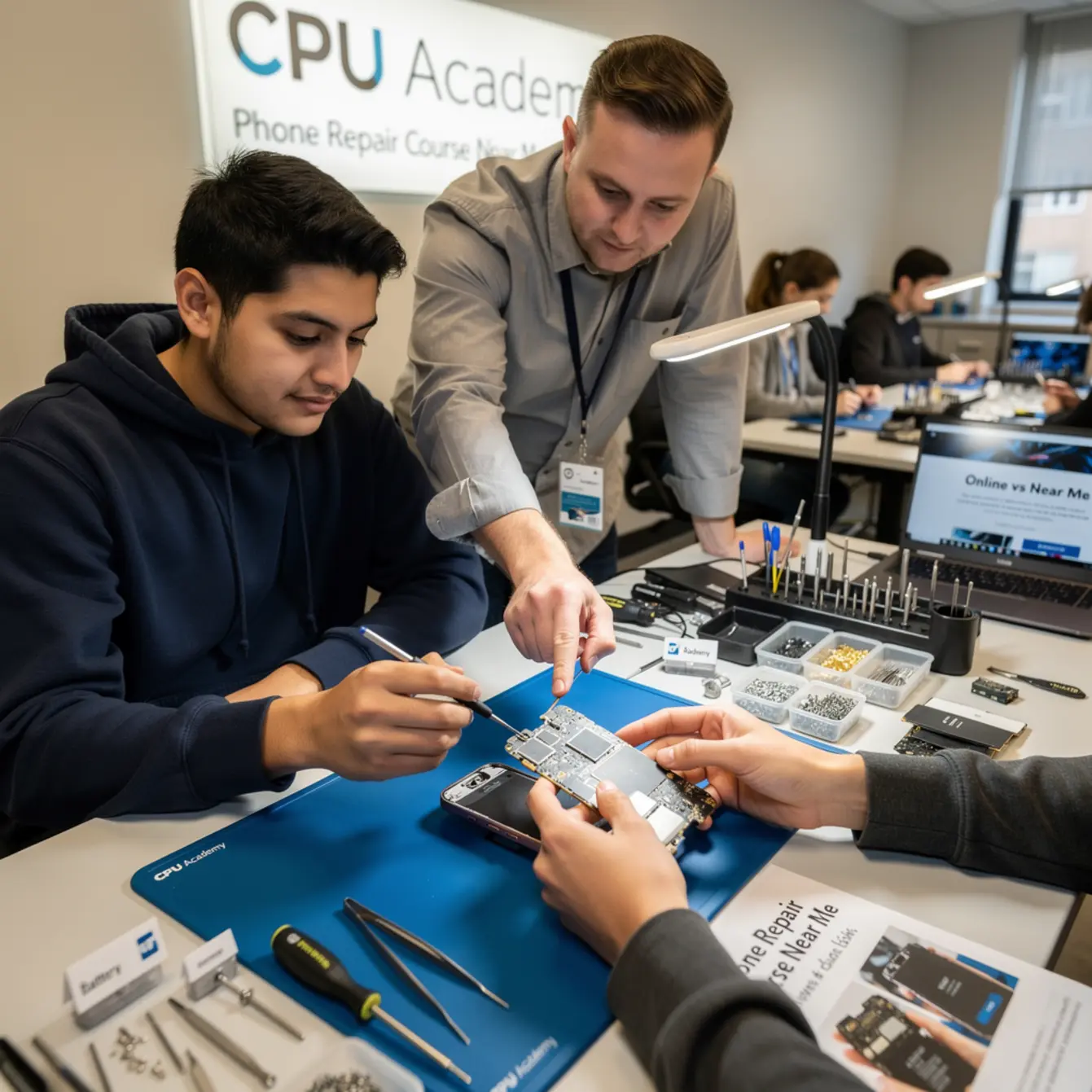Phone Repair Course Near Me - Online vs Near Me: Choosing a Phone Repair Course in the US — body photo 2 showing Instructor Teaching Over Shoulder