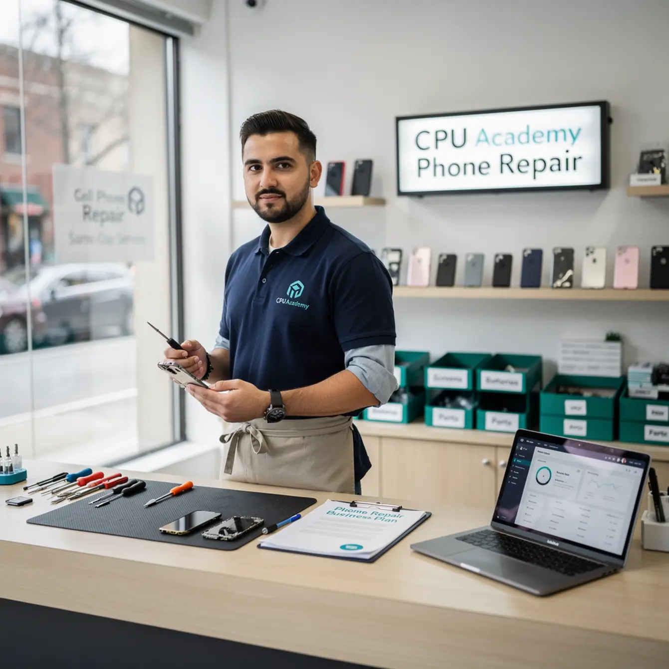 Cell Phone Repair Business Plan - Phone Repair Business Plan Template (Free Framework) — body photo 2 showing Operator Standing in Storefront