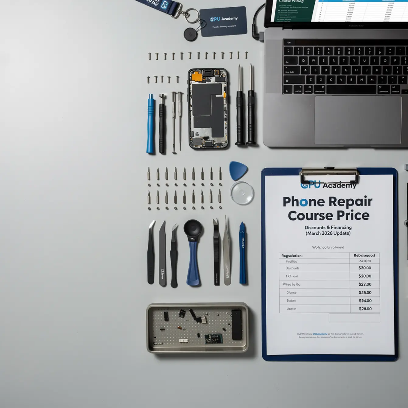 Phone Repair Course Price, Discounts & Financing (March 2026 Update) — body photo 2 showing Top-Down Bench Flat Lay