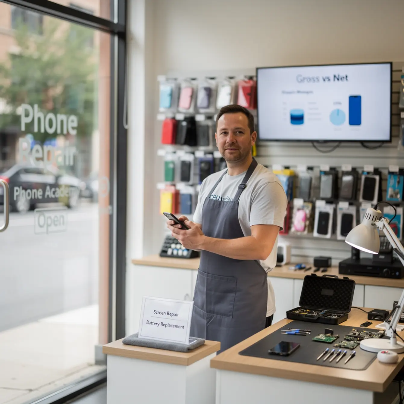 Phone Repair Business - Phone Repair Profit Margins: Gross vs Net, Explained Simply — body photo 2 showing Operator Standing in Storefront