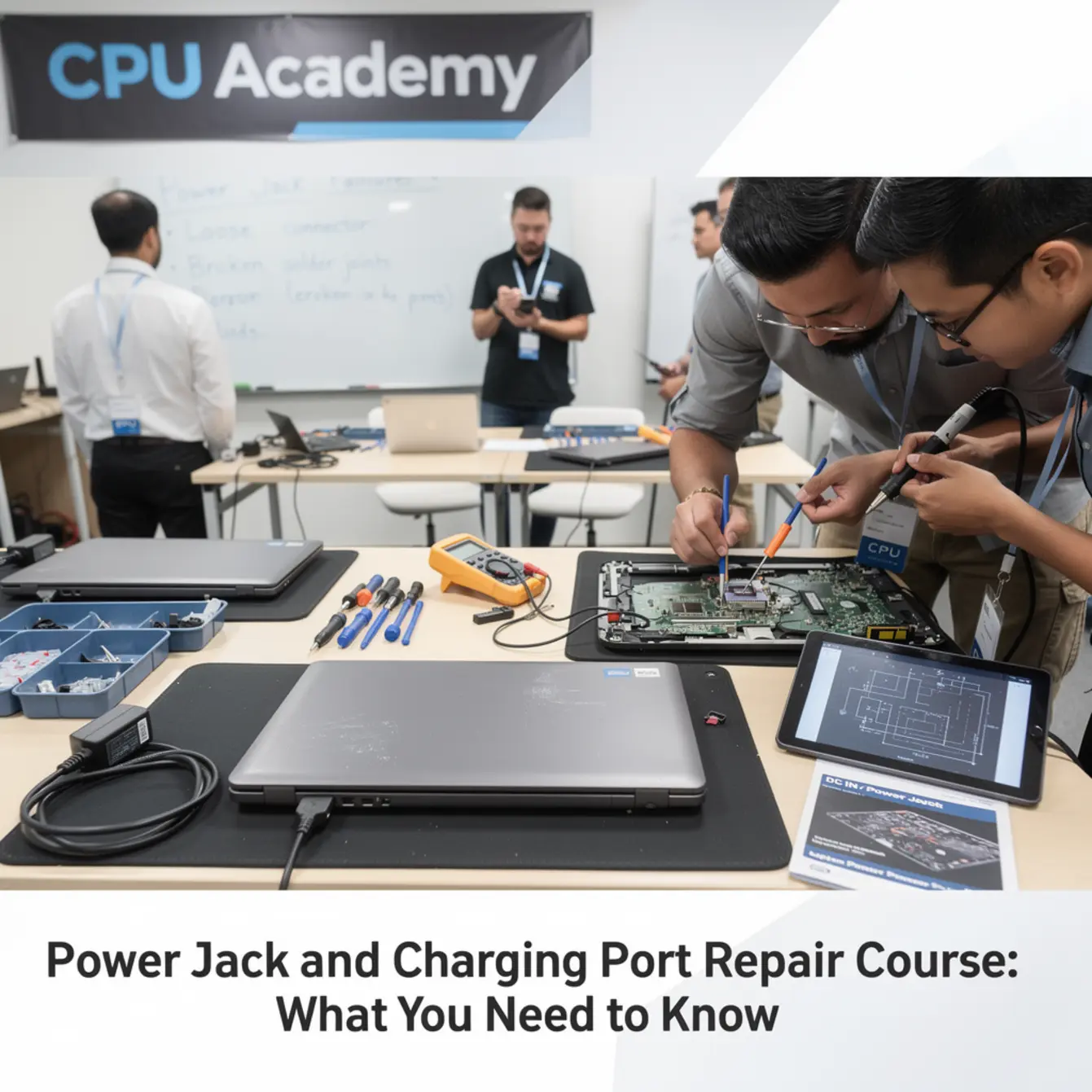 Laptop Power Jack Repair Course - Power Jack and Charging Port Repair Course: What You Need to Know — body photo 2 showing Before / During / After 3-Frame Repair Set