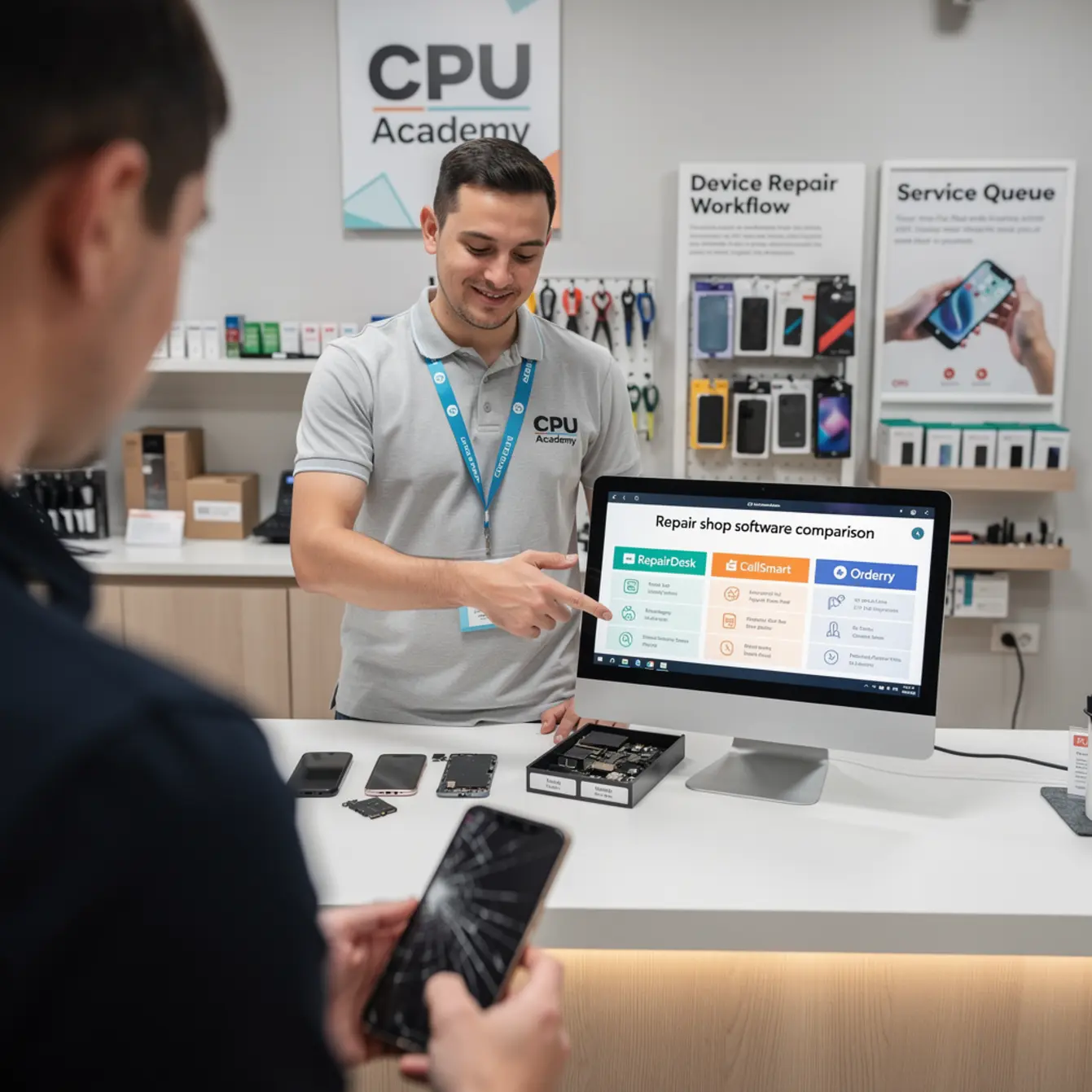 Repair Shop Software Comparison - RepairDesk vs CellSmart vs Orderry: Best POS for Repair Shops — body photo 2 showing Front Counter Customer Service