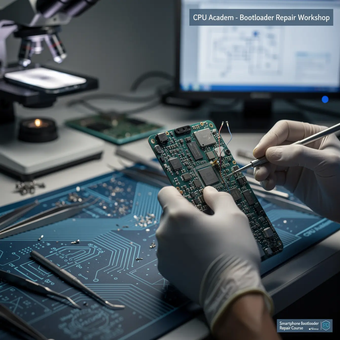 Smartphone Bootloader Repair Course - Bootloader and Firmware Repair: A Policy-Safe Beginner Guide — body photo 3 showing Microscope/Board Texture Background