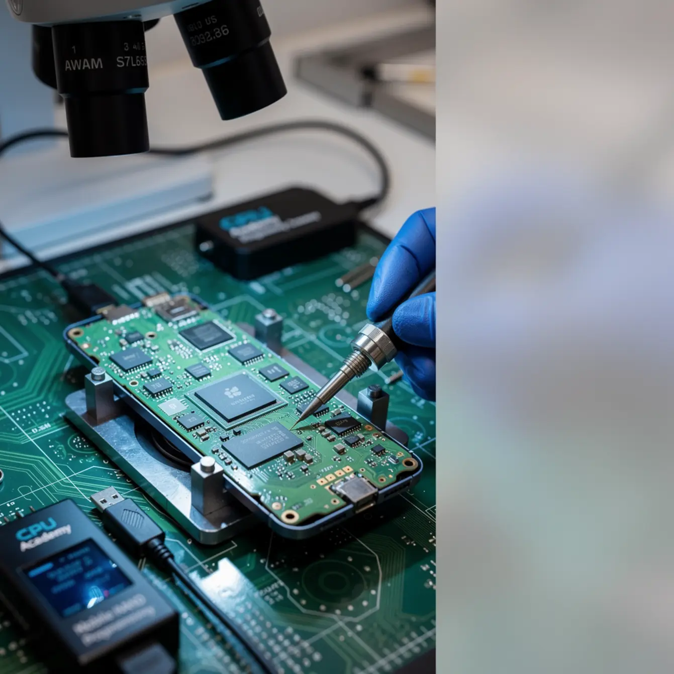 Mobile Nand Programming Course - NAND and Storage Programming for iPhone: Data Integrity Basics — body photo 3 showing Microscope/Board Texture Background