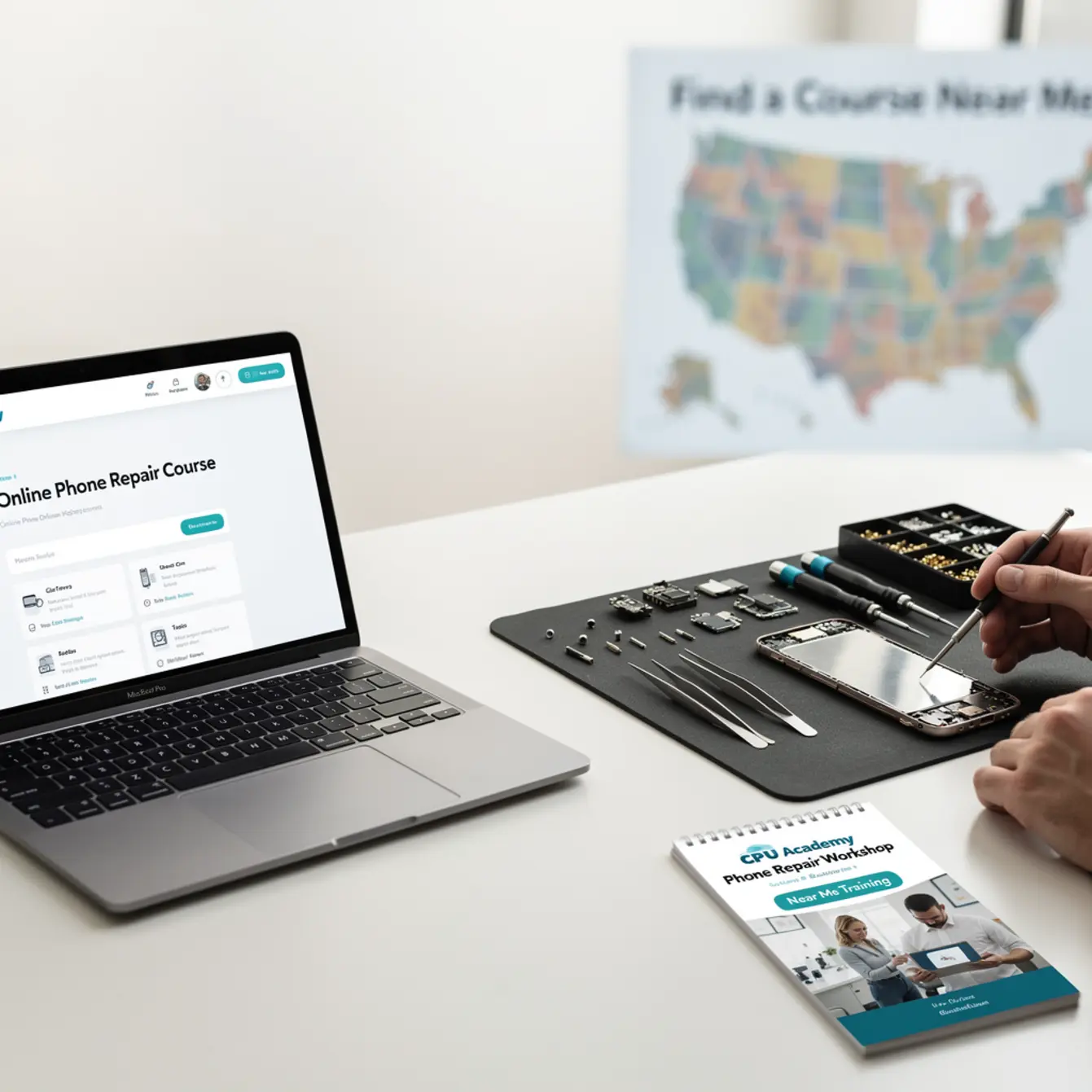Phone Repair Course Near Me - Online vs Near Me: Choosing a Phone Repair Course in the US — body photo 3 showing Clean Light Desk Background