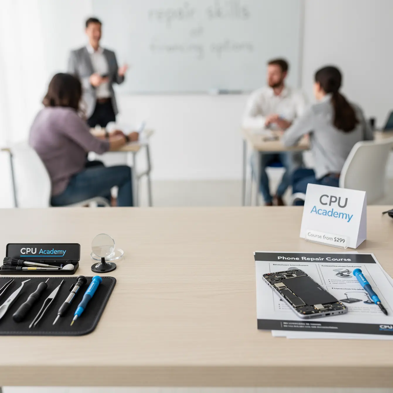 Phone Repair Course Price, Discounts & Financing (March 2026 Update) — body photo 3 showing Clean Light Desk Background