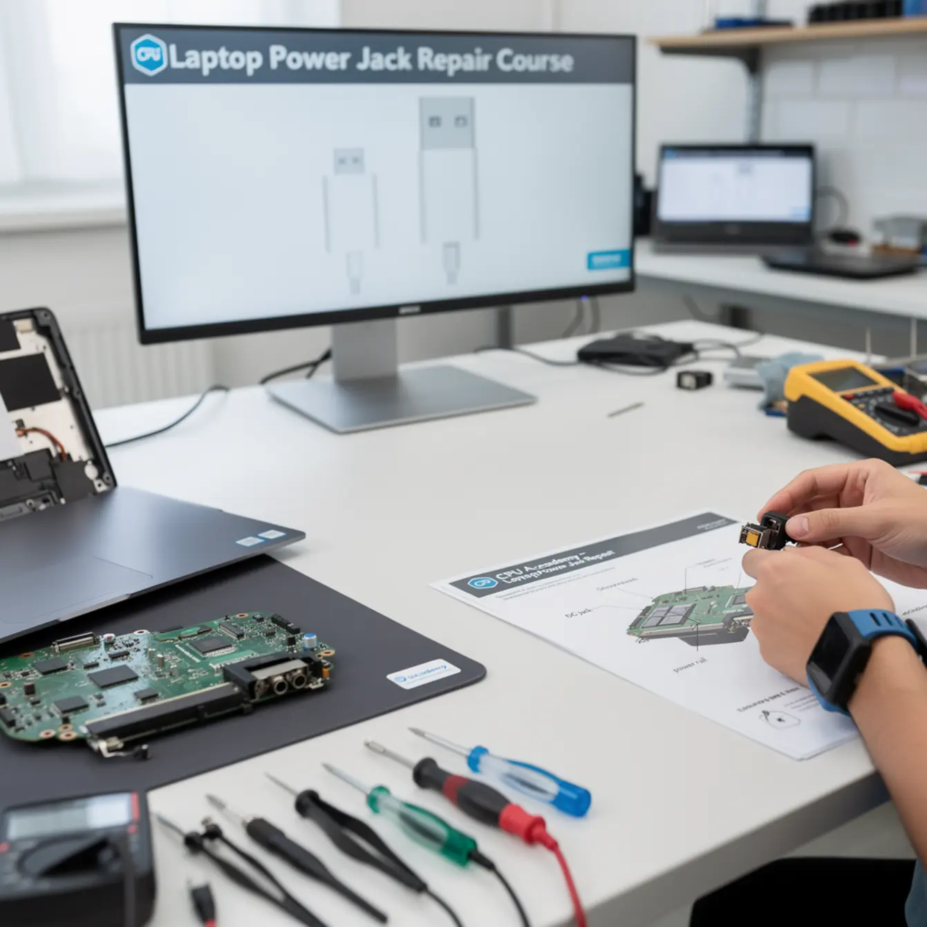 Laptop Power Jack Repair Course - Power Jack and Charging Port Repair Course: What You Need to Know — body photo 3 showing Clean Light Desk Background