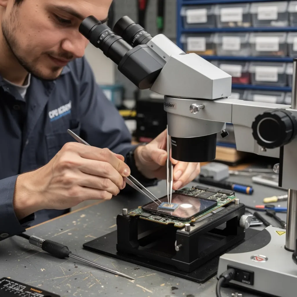 Technician performing smartphone bootloader repair course under a microscope on a smartphone logic board at a real repair bench