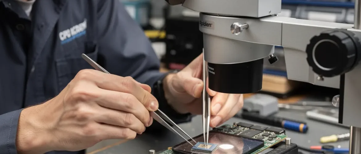 Technician performing smartphone bootloader repair course under a microscope on a smartphone logic board at a real repair bench