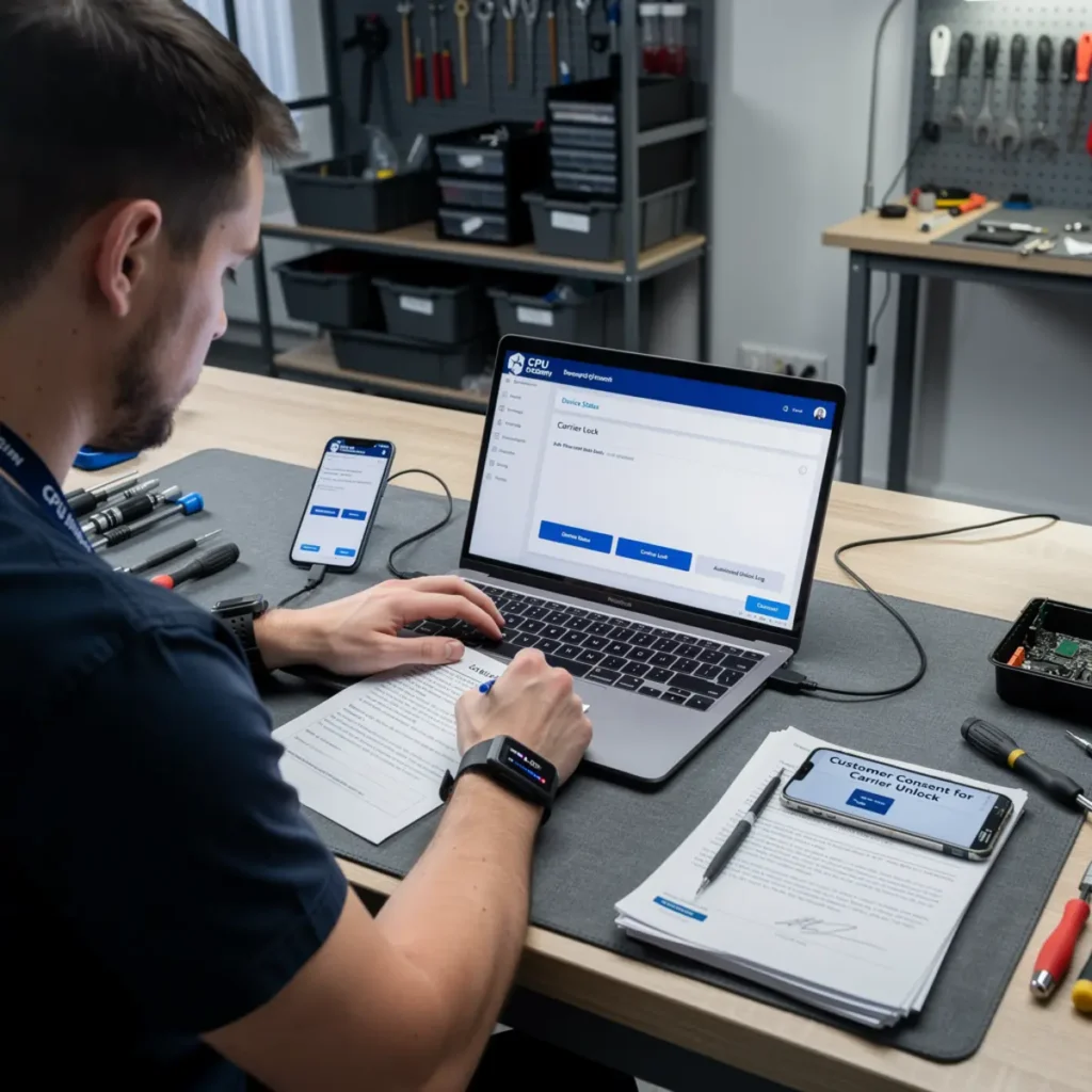 Software repair workstation showing mobile software unlock course workflow with a connected smartphone and troubleshooting screen