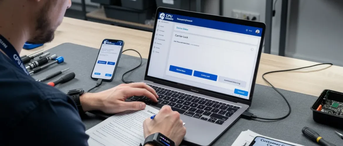 Software repair workstation showing mobile software unlock course workflow with a connected smartphone and troubleshooting screen
