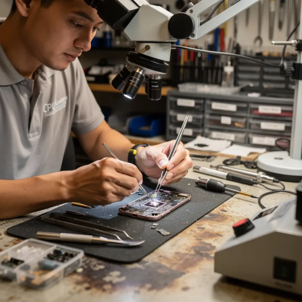 Technician performing phone chip level repair training under a microscope on a smartphone logic board at a real repair bench
