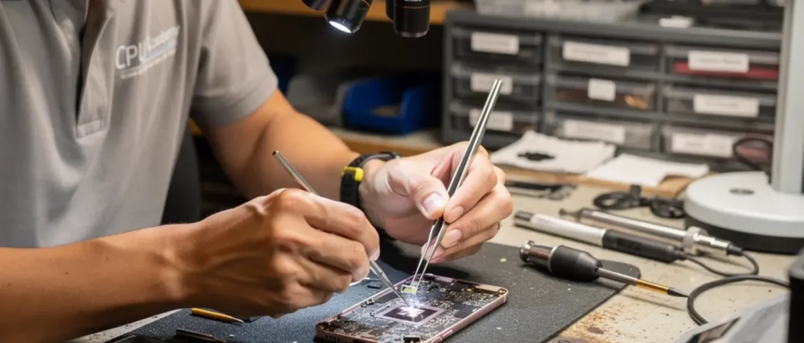 Technician performing phone chip level repair training under a microscope on a smartphone logic board at a real repair bench