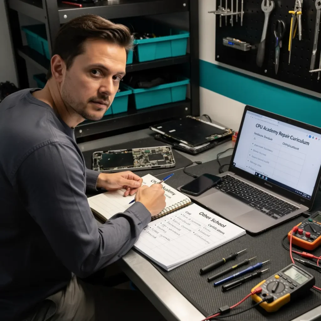 Phone repair training scene illustrating cpu academy vs cellular repair school: which is right for you? with real devices, tools, and hands-on learning context
