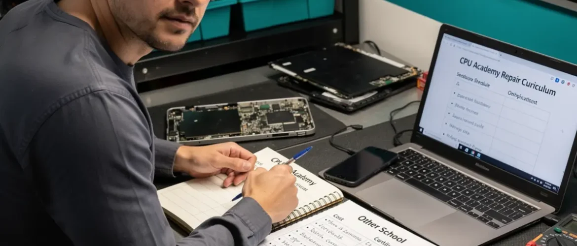 Phone repair training scene illustrating cpu academy vs cellular repair school: which is right for you? with real devices, tools, and hands-on learning context