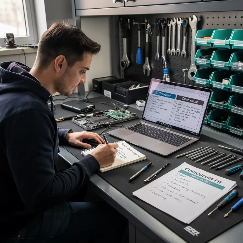 Phone repair training scene illustrating cpu academy vs rewa academy (2026 comparison) with real devices, tools, and hands-on learning context