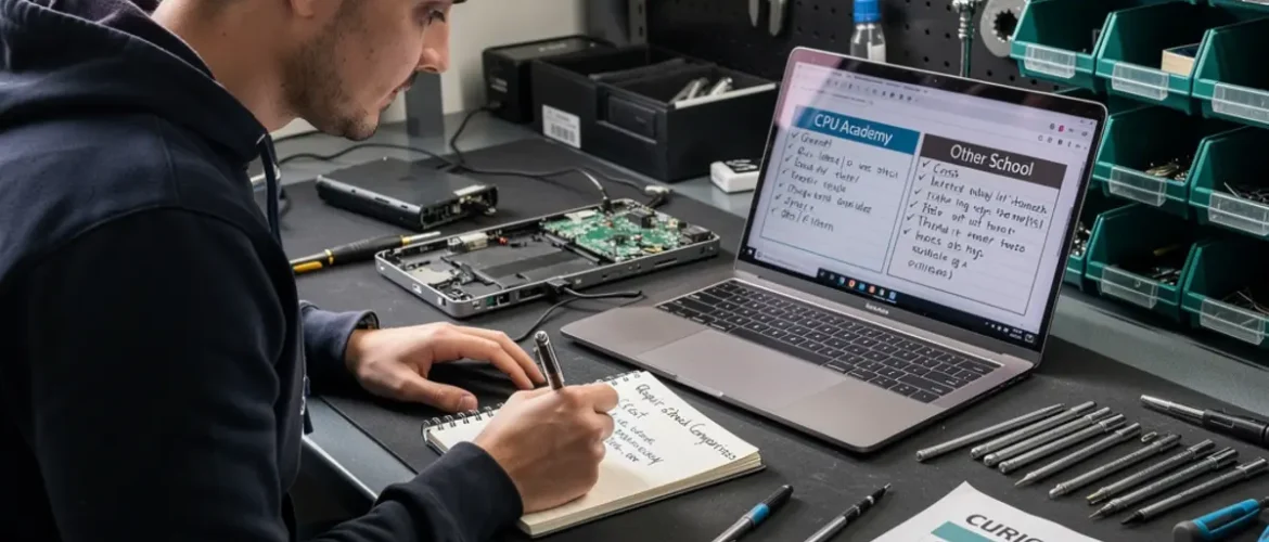 Phone repair training scene illustrating cpu academy vs rewa academy (2026 comparison) with real devices, tools, and hands-on learning context