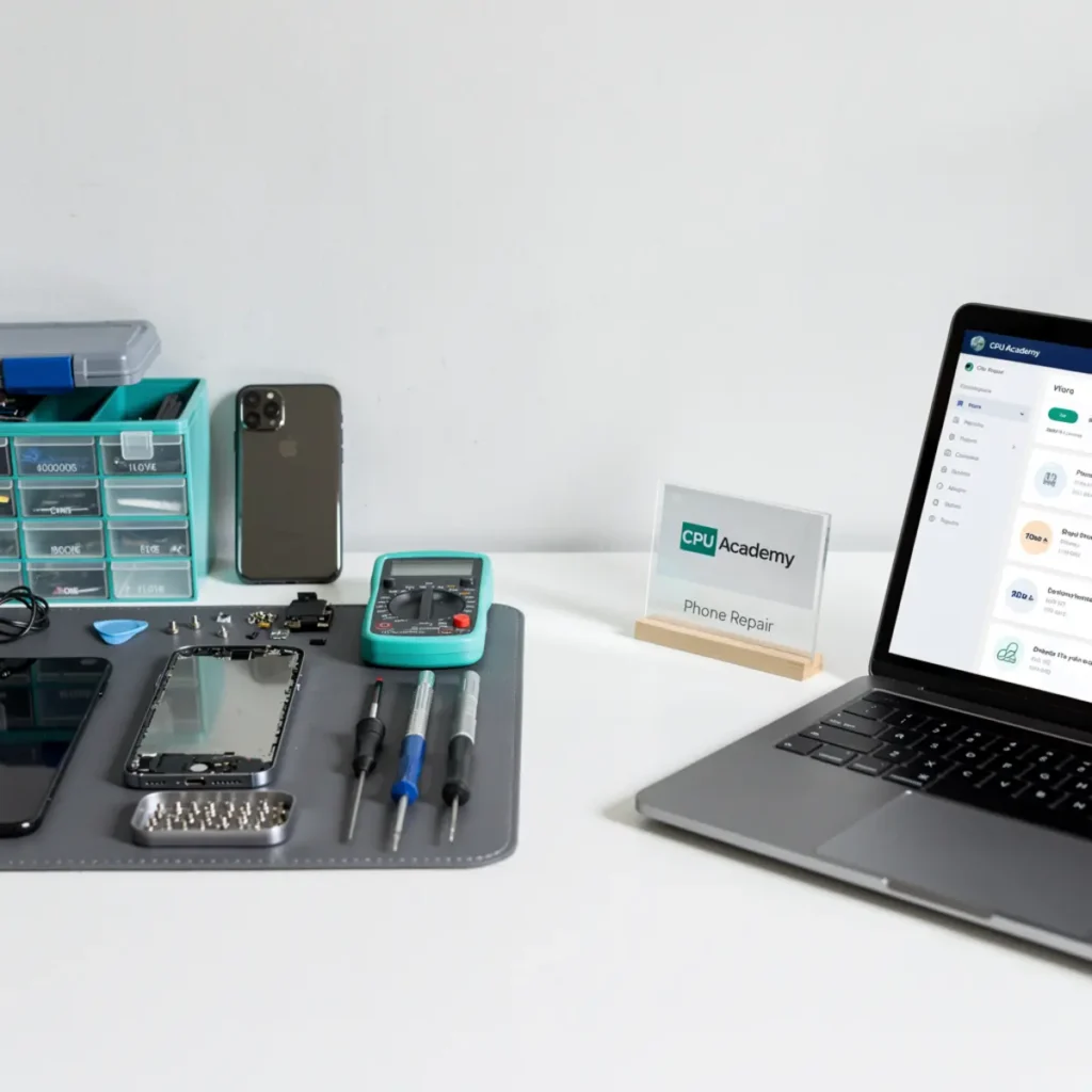 Small phone repair business scene illustrating how to start a phone repair business in 2026: step-by-step with practical shop tools and business context