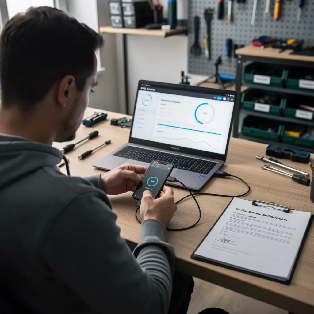 Software repair workstation showing mobile phone software course workflow with a connected smartphone and troubleshooting screen