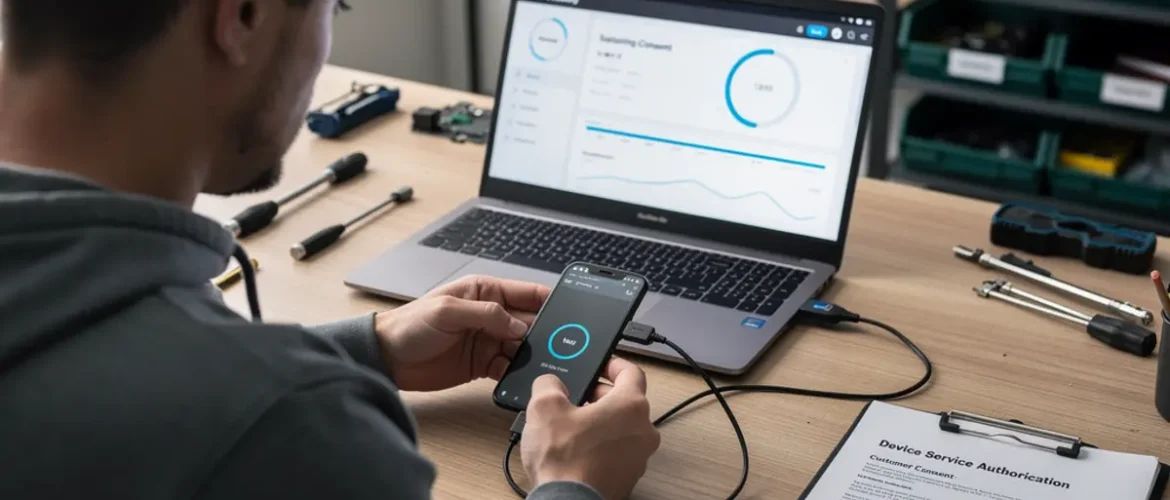 Software repair workstation showing mobile phone software course workflow with a connected smartphone and troubleshooting screen