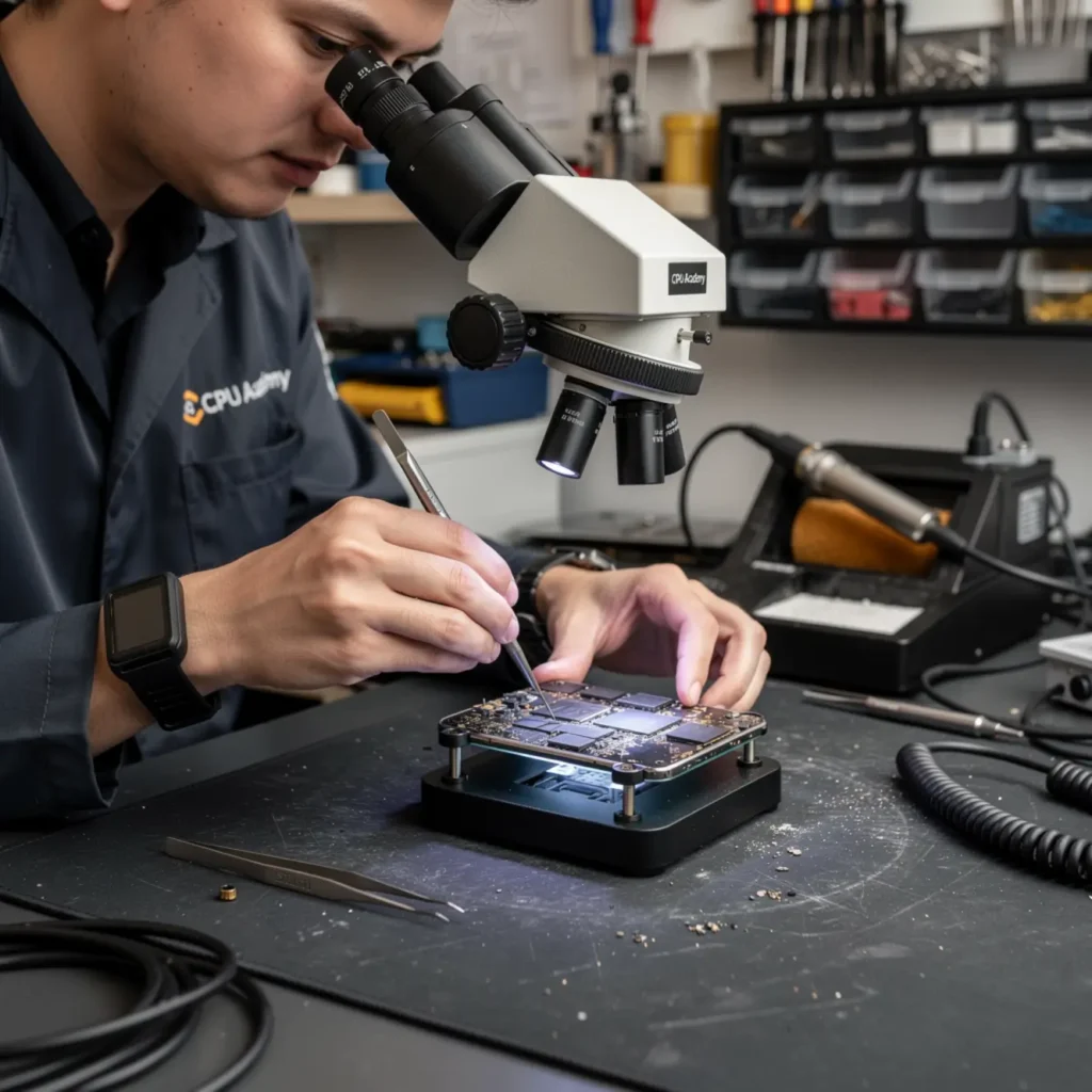 Technician performing mobile NAND programming course under a microscope on a smartphone logic board at a real repair bench