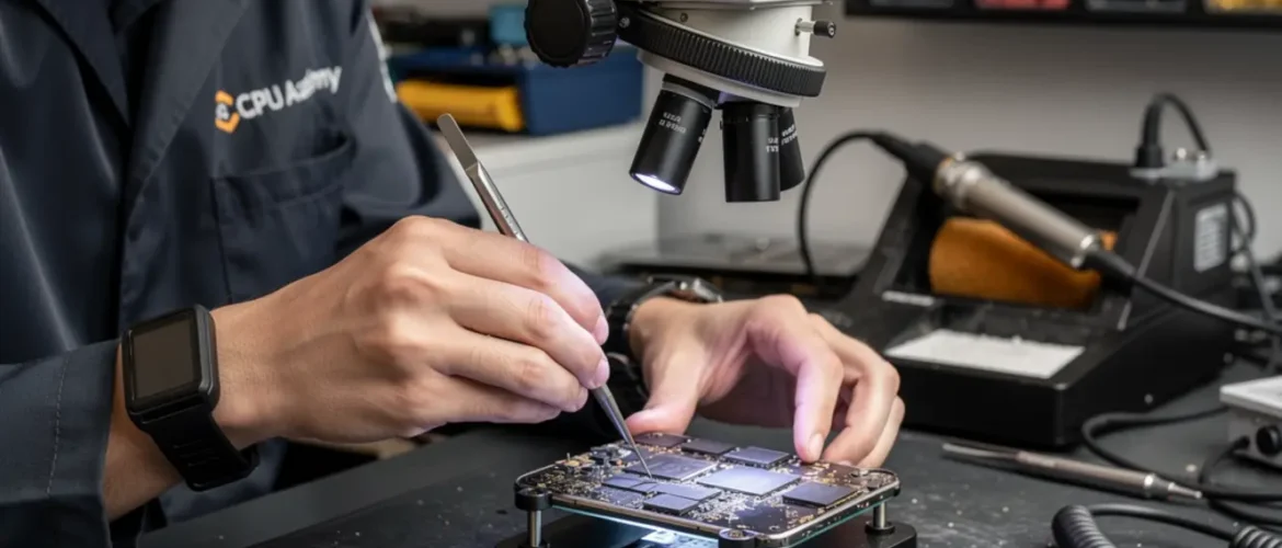 Technician performing mobile NAND programming course under a microscope on a smartphone logic board at a real repair bench