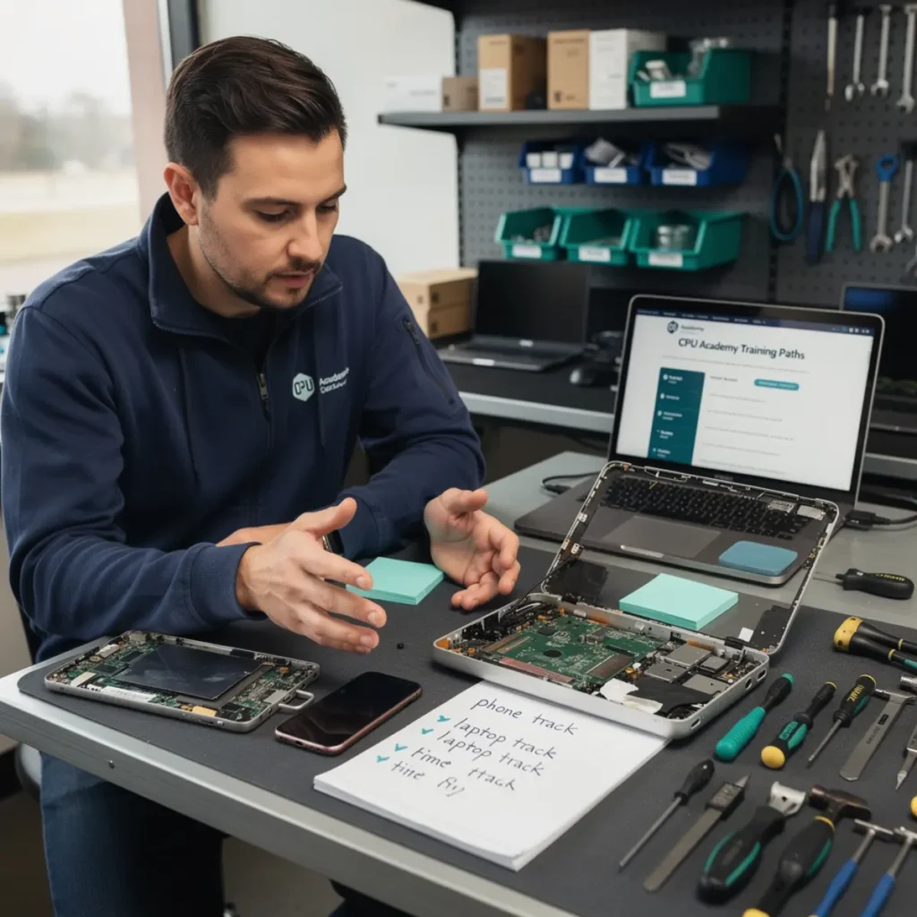 Phone repair training scene illustrating online vs near me: choosing a phone repair course in the us with real devices, tools, and hands-on learning context