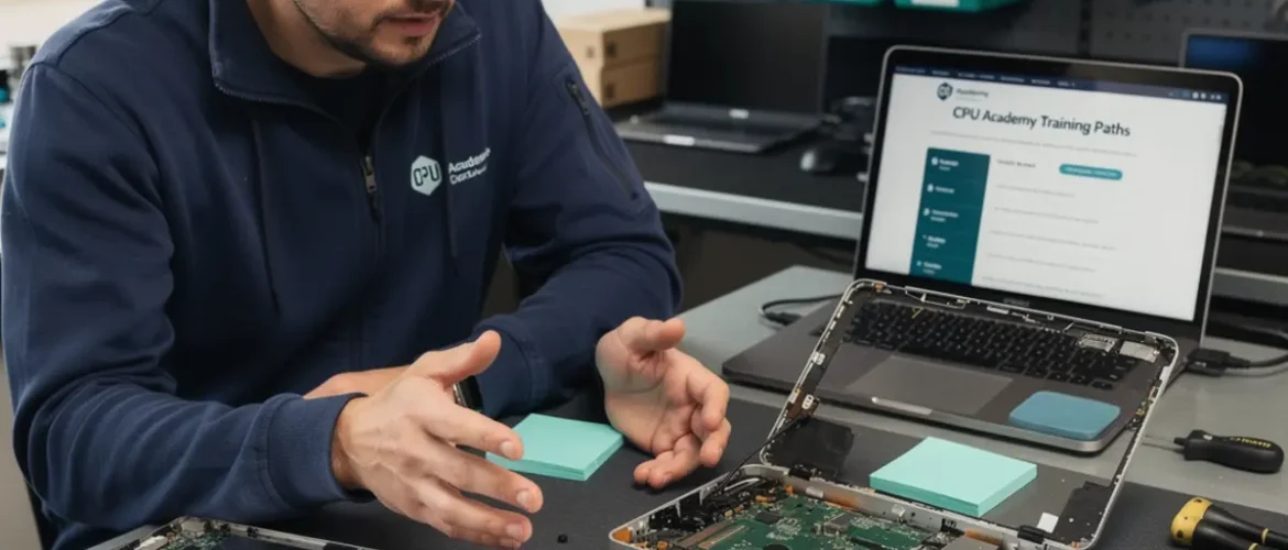 Phone repair training scene illustrating online vs near me: choosing a phone repair course in the us with real devices, tools, and hands-on learning context