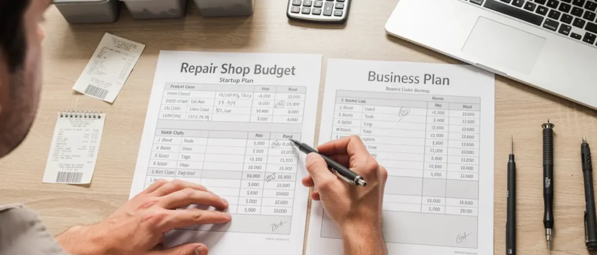 Small phone repair business scene illustrating phone repair business plan template (free framework) with practical shop tools and business context