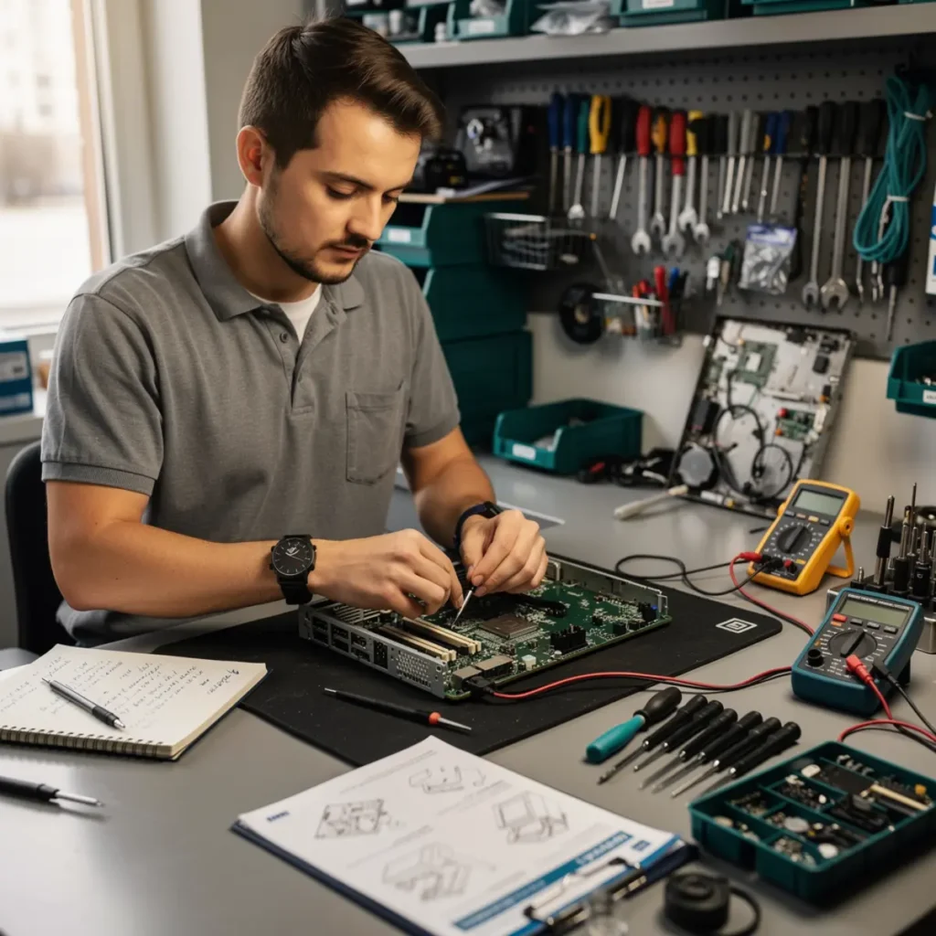 Phone repair training scene illustrating phone repair course price, discounts & financing (march 2026 update) with real devices, tools, and hands-on learning context