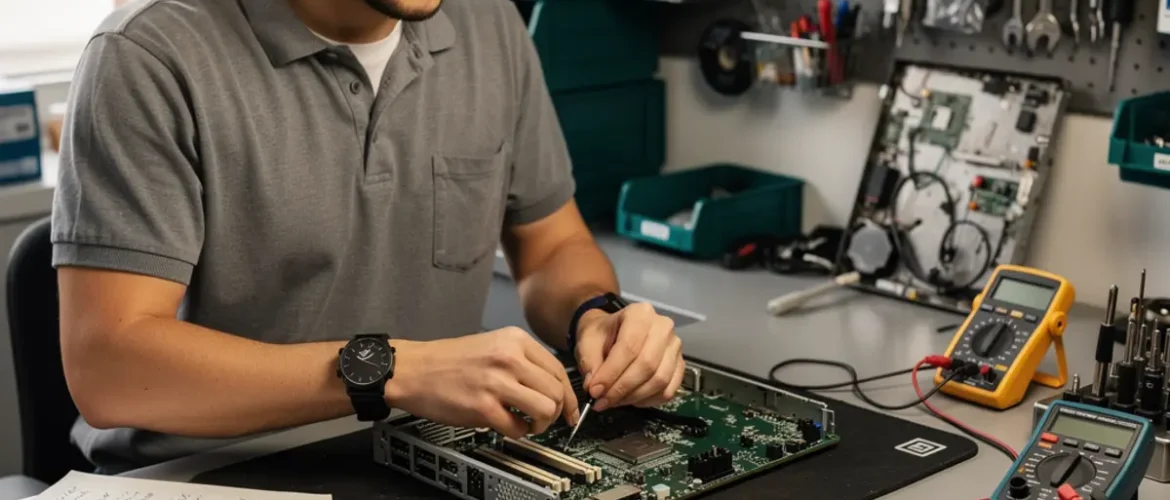 Phone repair training scene illustrating phone repair course price, discounts & financing (march 2026 update) with real devices, tools, and hands-on learning context