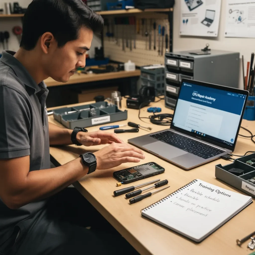 Small phone repair business scene illustrating phone repair profit margins: gross vs net, explained simply with practical shop tools and business context