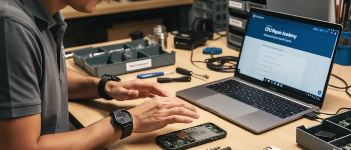 Small phone repair business scene illustrating phone repair profit margins: gross vs net, explained simply with practical shop tools and business context