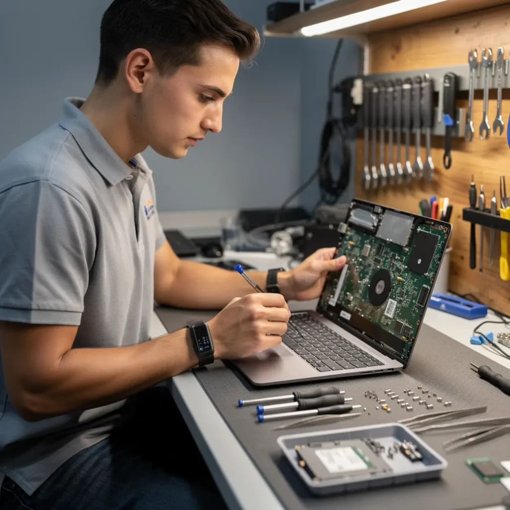 Laptop repair bench illustrating power jack and charging port repair course: what you need to know with open device, tools, and realistic technician workflow