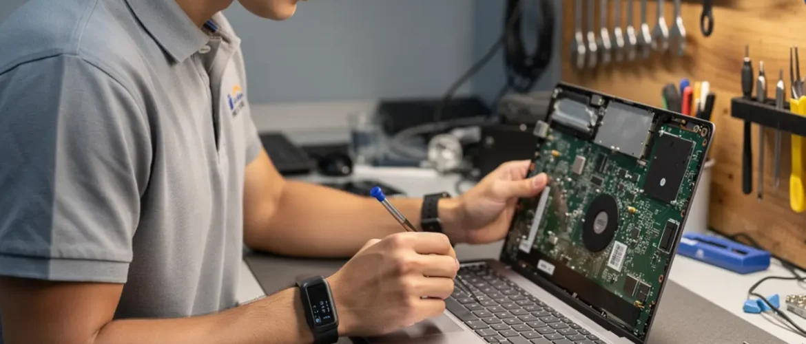 Laptop repair bench illustrating power jack and charging port repair course: what you need to know with open device, tools, and realistic technician workflow