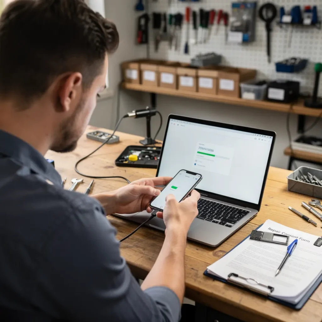Software repair workstation showing mobile phone software course workflow with a connected smartphone and troubleshooting screen