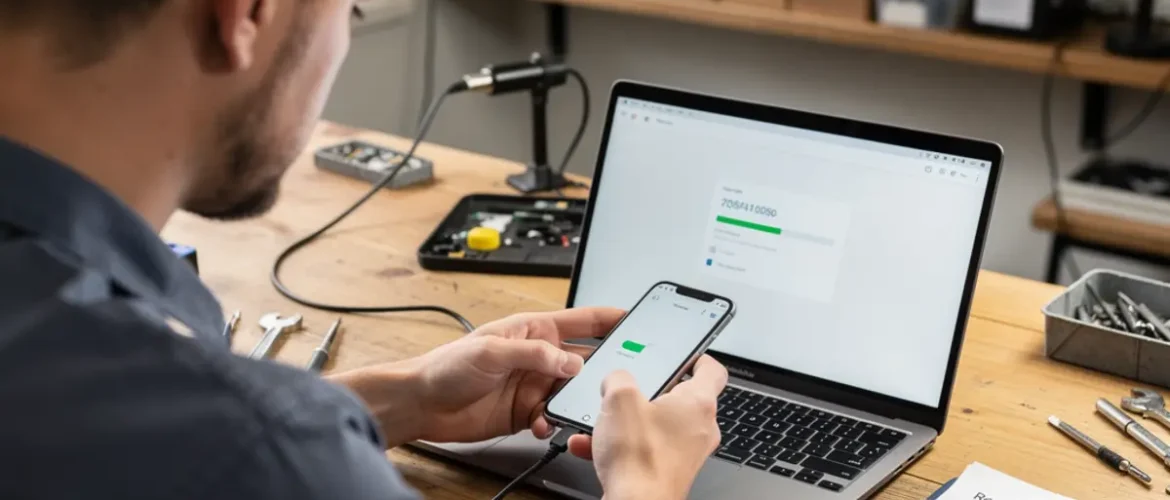 Software repair workstation showing mobile phone software course workflow with a connected smartphone and troubleshooting screen